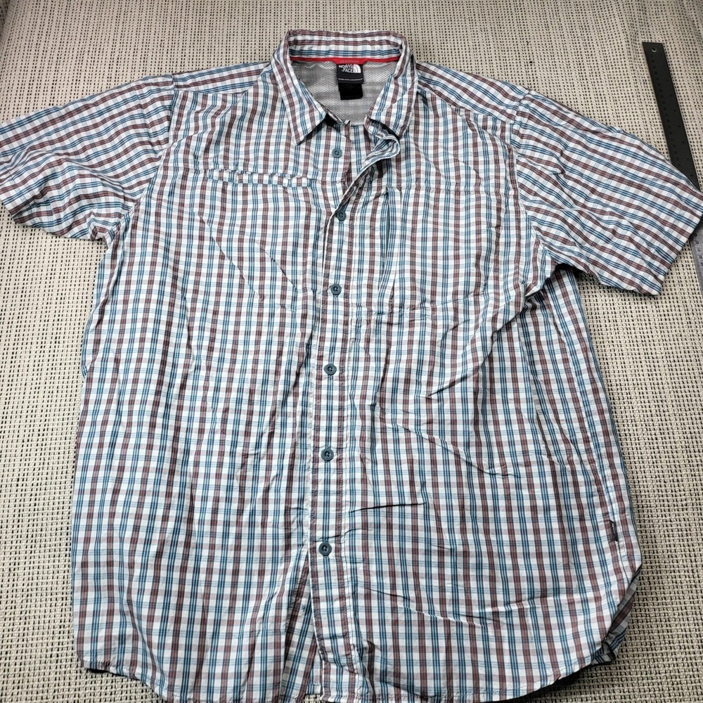 The North Face Shirt Mens Large‎ Blue Plaid Short Sleeve Button Front Outdoor